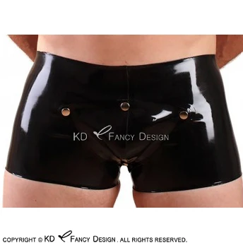 

Black Sexy Latex Boy Shorts With Codpiece Button Front Rubber Boxer Shorts Underpants Underwear Briefs DK-0146