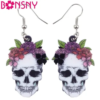

Bonsny Acrylic Halloween Smile Flower Skull Earrings Dangle Drop Big Long Novelty Punk Jewelry For Women Girls Ladies Teen Party