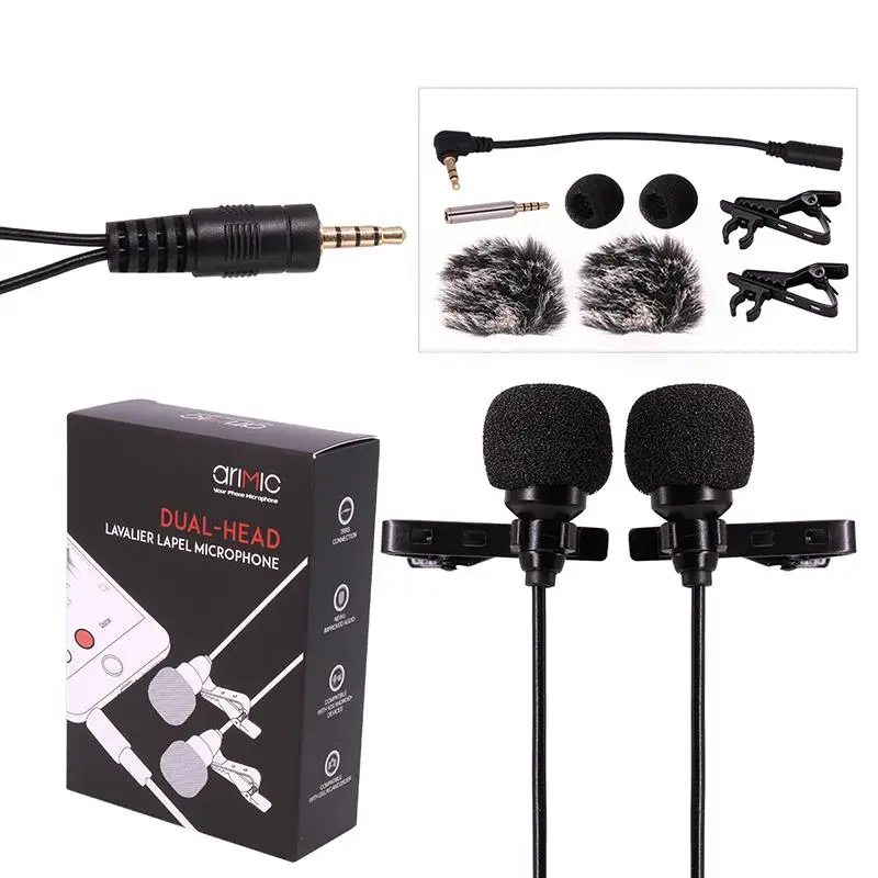 

6m Dual-Head Lavalier Lapel Clip-on Microphone for Lecture or Interview for Smartphone Mobile phone and Tablets