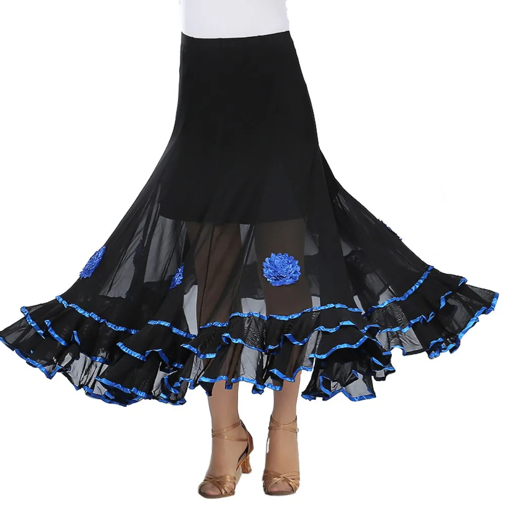 Модная Современная юбка для танцев, юбки с цветами и блестками, юбки для танго, бальных танцев, вальса, юбки для женщин, для взрослых, вечерние юбки средней длины - Цвет: dark blue