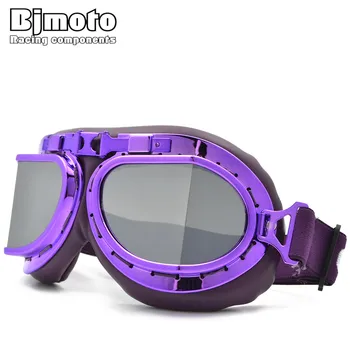 

BJMOTO Sport Vintage Pilot Motorcycle Cruiser Scooter Goggles Silver Lens Purple Frame Padding Glasses for Harley Helmet