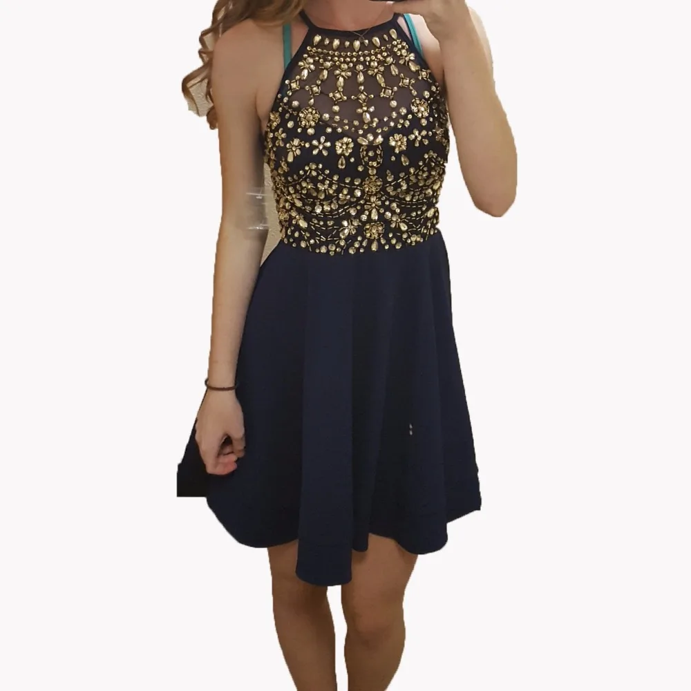 navy blue and gold homecoming dress