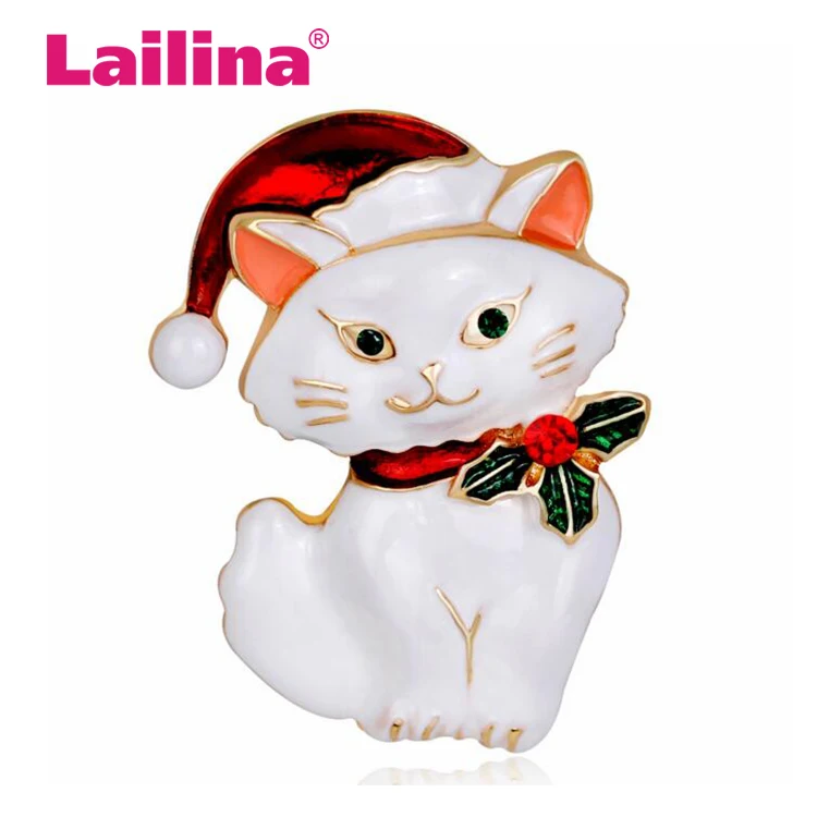 

Fashion Christmas Glaze Golden Rhinestones Gem Stone Cat Brooch Pins And Brooches For women Jewelry New Year Gift