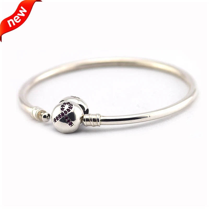 

Pink Ribbon Clasp Bangle 100% 925 Sterling Silver Bangle Bracelets for Women Fit Charm Beads Gift free shipping PFB019
