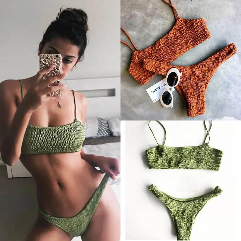 

2017 New Women Swimwear Bandage Push-up Padded Bra Bikinis Set Solid Swimsuit Triangle Bathing Bather Women Sexy Beachwear