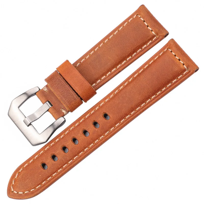 Genuine Leather Watchband Bracelet 20 22 24 26mm Women Men Oil Wax Cowhide Blue Green Red Brown Wach Band Strap Steel Buckle - Цвет ремешка: Brown Silver Buckle