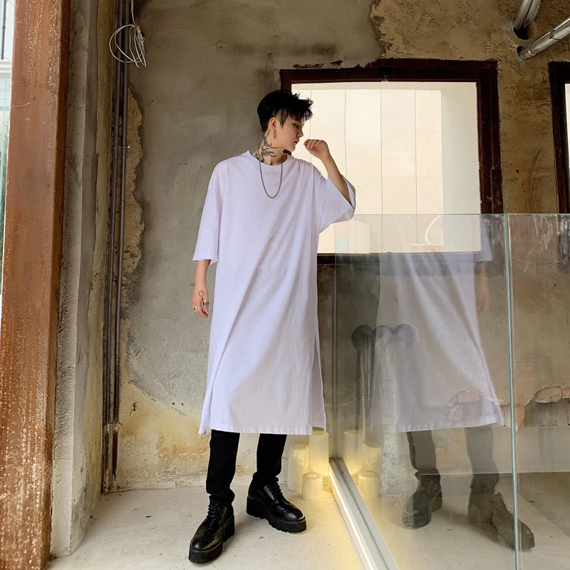 

Men Short Sleeve Side Slit Long Style T Shirt Male Streetwear Hip Hop Punk Gothic Black White Tshirt Women Dress Tees Shirts