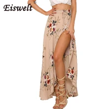 EISWELT винтажные женские длинные юбки с цветочным принтом Летние Элегантные пляжные макси юбки Boho с высокой талией асимметричные юбки