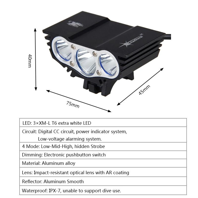 Top SolarStorm 1800Lm 3 LED lamp beads 12000mAh Battery Bicycle Light Headlight Cycling Bike Front Light With AC Charger+Headband 1