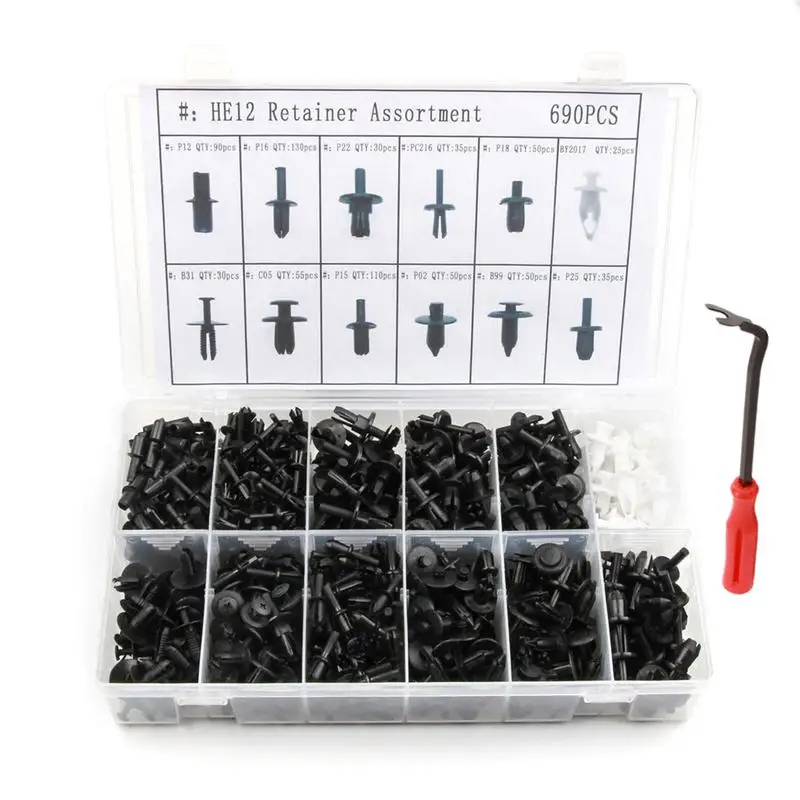 

690Pcs Professional Modification Decoration Universal Car Body Plastic Push Pin Rivet Fasteners Trim Moulding Black Clip