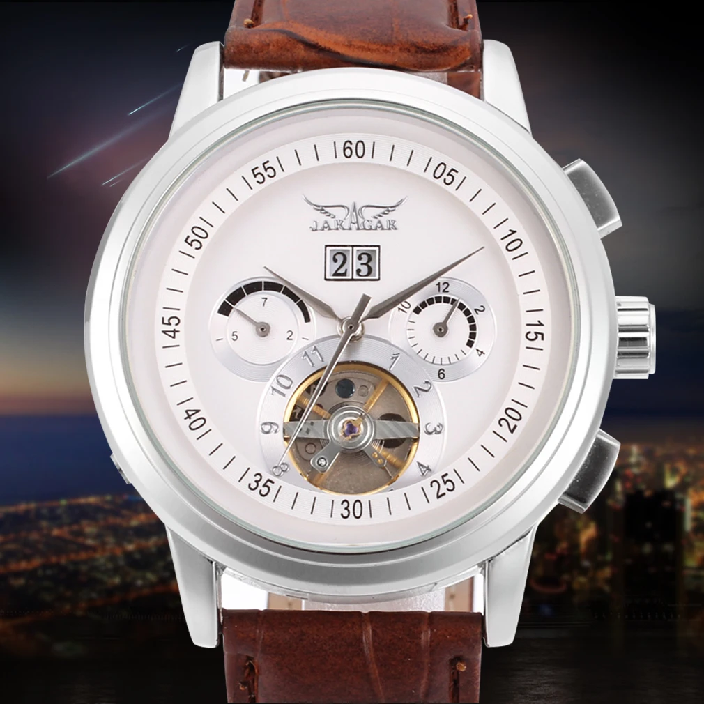 

Jargar Men's Watch Selft-wind Automatic Brown Genuine Leather Strap Multifunctional Wristwatch White JAG16557M3S2