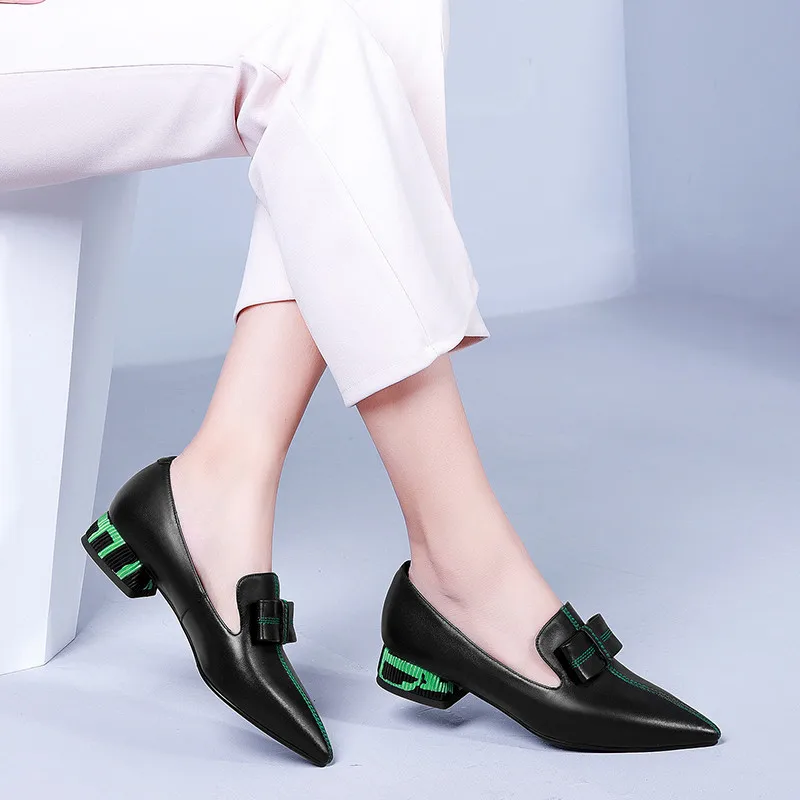 ASUMER/2019 Новое поступление, туфли из натуральной кожи, женские туфли-лодочки с острым носком и бантиком, однотонные женские офисные туфли на
