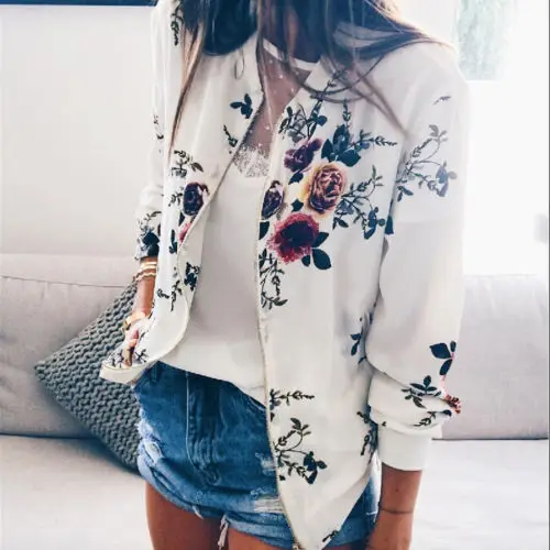 

Fashion Casual Slim Solid Suit Coat Jacket Outwear Women White Red Color Zipper Floral Long Sleeve Casual Jackets Clothes