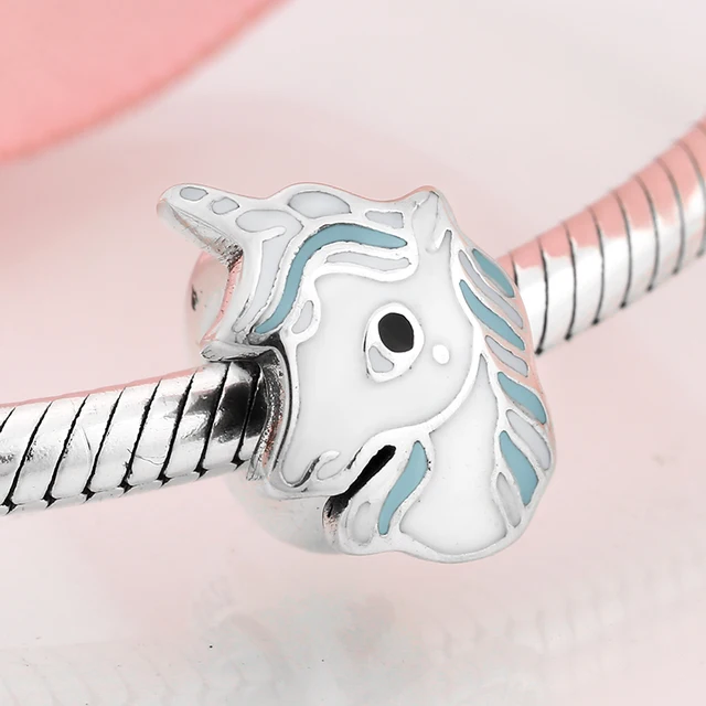 925 Sterling Silver Adorable Unicorn Blue and White Enamel Bead