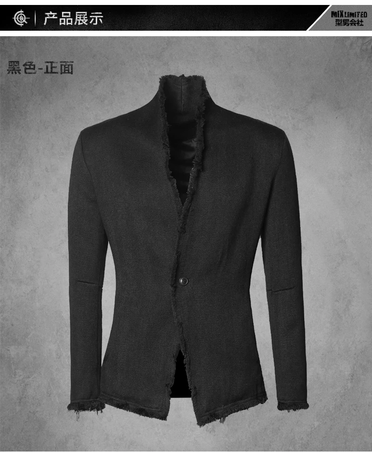 New Spring Retro Black Fur-trimmed Casual Slim Black European Style Suit for Men Stand Collar Men Suit Blazer Brand F8288