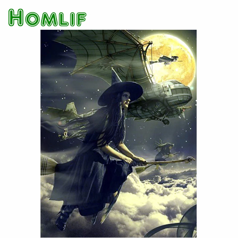 

HOMLIF Full Square 5D DIY Diamond Painting Witch Diamond Mosaic Drill Picture Of Rhinestone New Arrival Halloween Home Decor Art