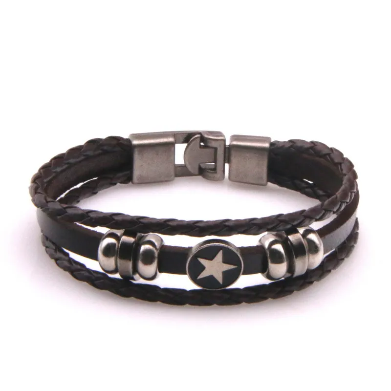 Fashion Five pointed Star Women Bracelet Men Black Multilayer Genuine