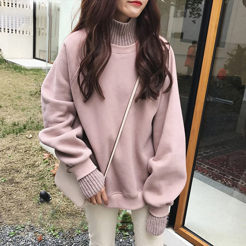  Hoodies Women Thicker Plus Velvet Warm Solid Turtleneck Womens Hoodie Korean Style Kawaii Trendy El