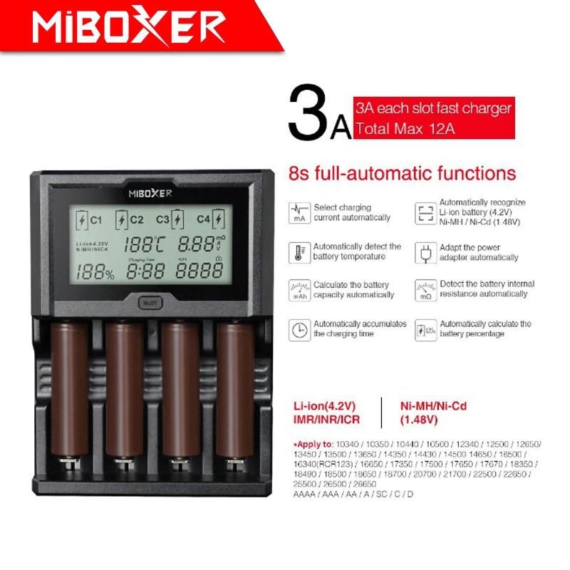 Miboxer C4-12 ЖК-экран зарядное устройство для литий-ионных/никель-металл-гидридных/никель-кадмиевых/LiFePO4 18650 14500 26650 AAA AA аккумуляторные батареи