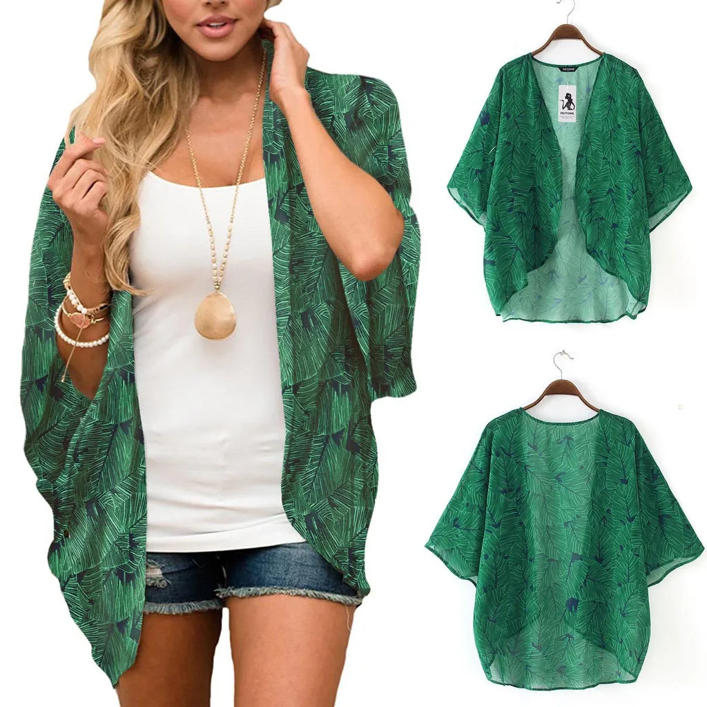 Women Floral Printed Short Half Sleeve Chiffon Kimono Cardigan Tops Blouse