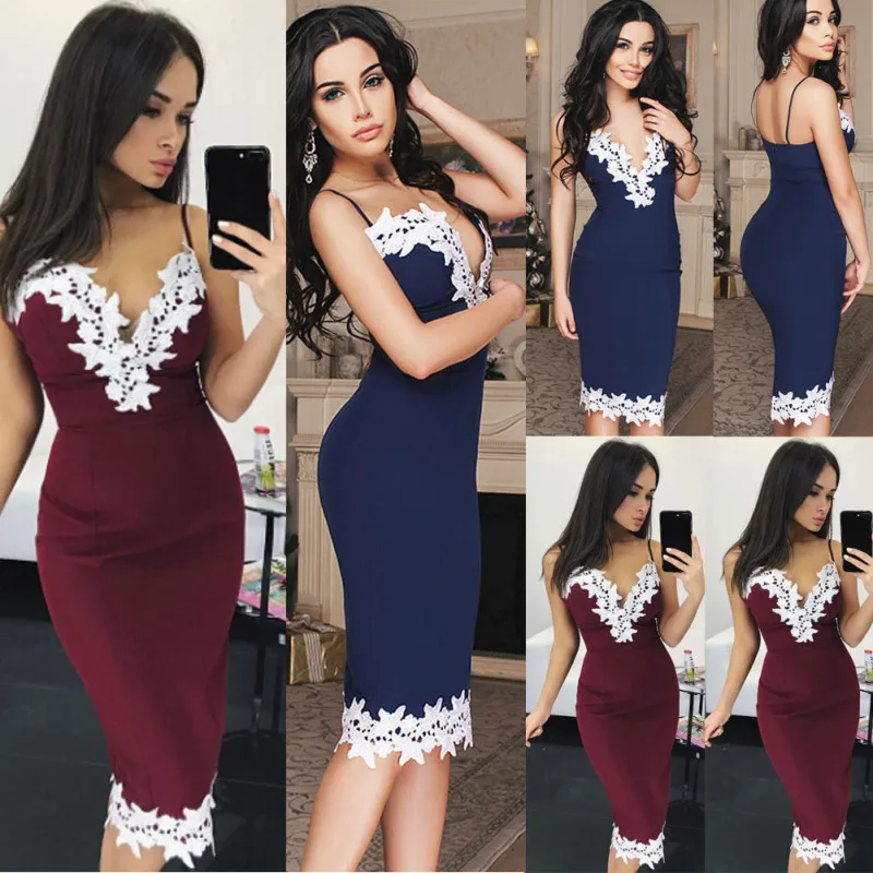 

Elegant Fashion Womens Bandage Bodycon Sleeveless Backless Lace Spliced Deep V-Neck Evening Party Dress