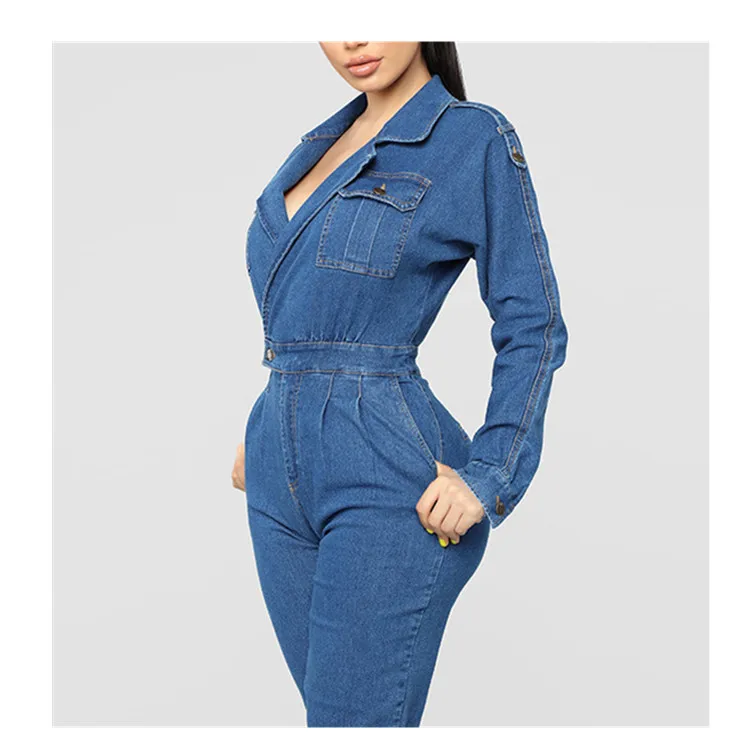 

2019 Vintage Jeans Jumpsuit Blue Turn Down Collar Long Sleeve Denim Rompers Women Casual Bodysuits Overalls