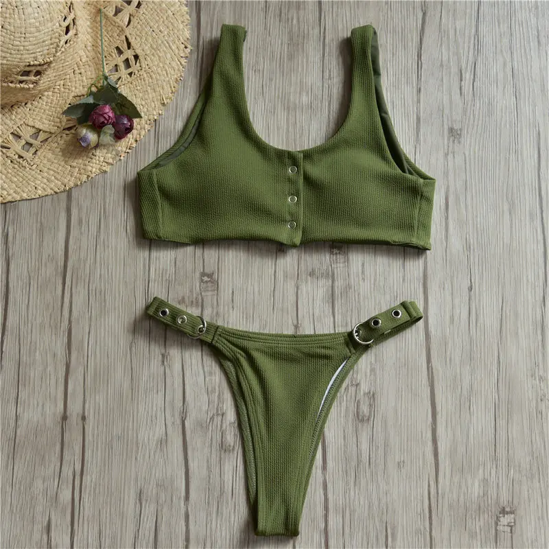 INGAGA Sexy Thong Bikini Solid Swimwear Women Metal Button Swimsuit Padded Bathing Suits New 2019 Summer Beach Bikini Mujer