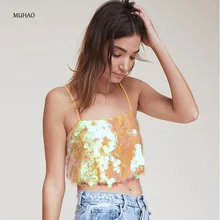 MUHAO sexy laser light pearl Sequin sling crop top tank tube top summer tank top women clothing party beach pearl beading foldover bardot crop top