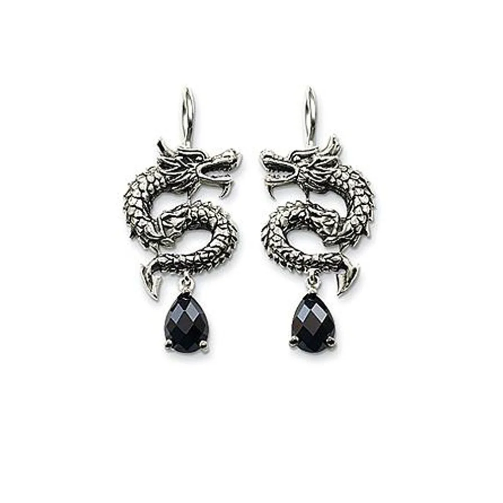 Серьги-капли из серебра 925 пробы с этническим драконом и черными кристаллами