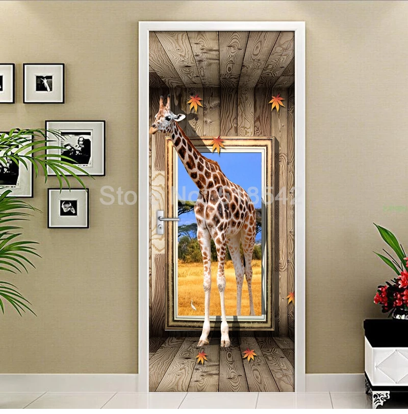 Декор для дома из ПВХ водонепроницаемый самоклеющиеся двери клеющиеся фотообои Жираф 3D стерео деревянная рамка космические фотообои в виде постеров
