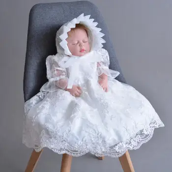 

2PCs per Set Baby Girl Baptism Dress White Infant Girl Christening Long Embroidery Gown Flower Hat 0-24Months