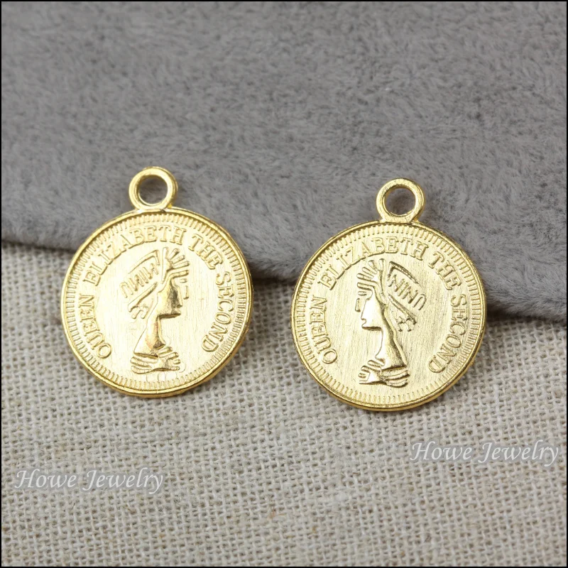 130pcs vintage elizabeth coin pendant gold color alloy Pendant DIY