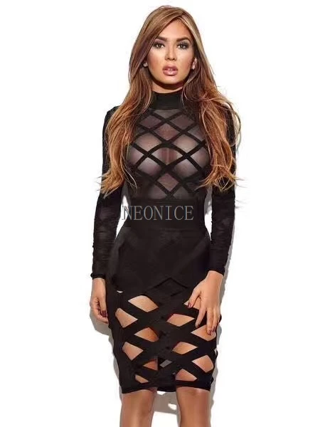 

2017NEW Bandage Dresses Elasticity Nightclubs Alumni Birthday Party Dinner Fashion Sexy Bags Hip Trick Thread Black long sleeves