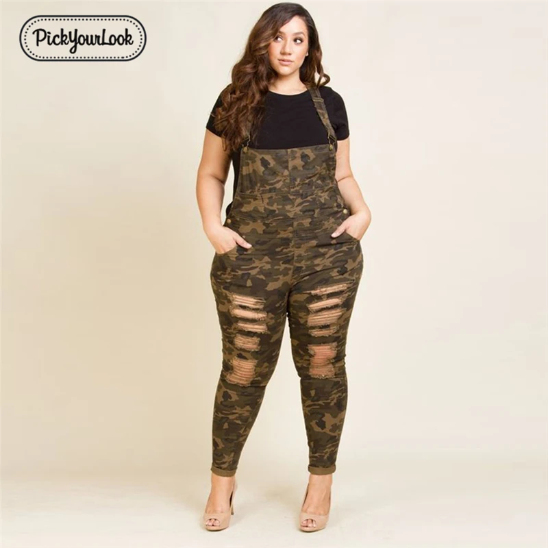 Ceny Pickyourlook Plus Size kombinezony damskie kombinezony duże rozmiary dorywczo kamuflaż kombinezony z otworem wysoka moda uliczna Lady pajacyki