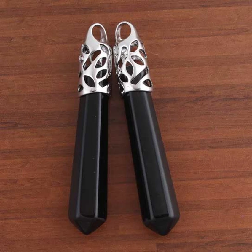 

Kraft-beads Simple Style Silver Plated Black Onyx Quartz Hexagon Prism Pendant Charm Jewelry