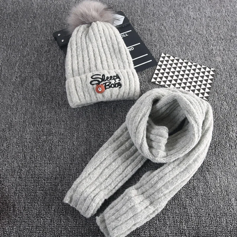 Детская Зимняя шерстяная шапка и шарф, комплекты из натурального меха лисы, шапка с помпонами, детская теплая вязаная шапка, шапки бини, шапки для девочек и мальчиков - Цвет: Gray
