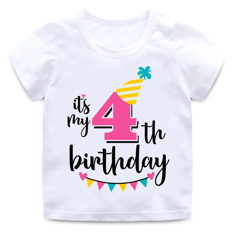 Забавные принты с надписями, футболка с надписью «Happy Birthday Number» для детей 1-8 лет, летние белые топы для маленьких девочек, футболка с номером для дня рождения