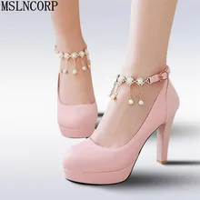 plus size 34-43 Spring Summer Women Round Toe Pumps High Heels Shoes Wedding feminino Platform Pearls Ankle Strap Dress Shoes siemo sexy women round toe high heels pumps platform cross strap ankle buckle stiletto wedding party dress shoes red size 4 15 5
