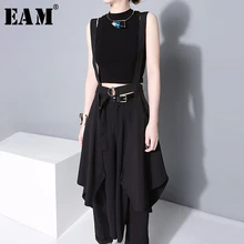 [EAM] новая весенне-осенняя черная бандажная юбка с завышенной талией и неровными подтяжками, женская модная универсальная юбка JY932