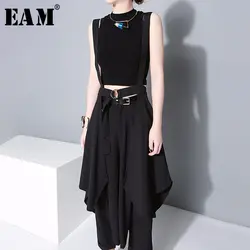 [EAM] 2019 новая весенне-осенняя черная бандажная юбка с высокой талией и асимметричным подтяжками Женская модная универсальная юбка JY932