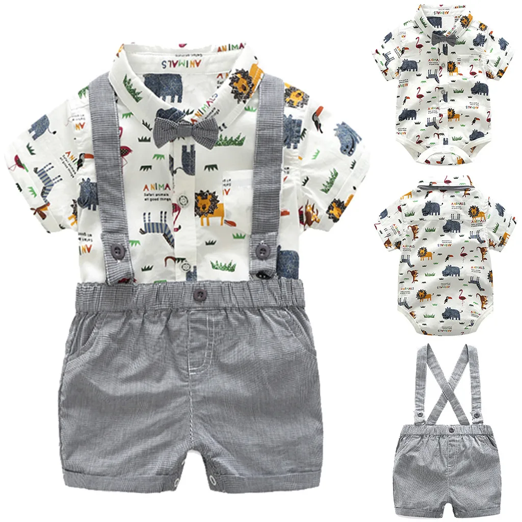 

MUQGEW new year costumes for baby boy Short-sleeved bow tie cartoon print haberdard strap shorts suit gentleman reima jacket#y2