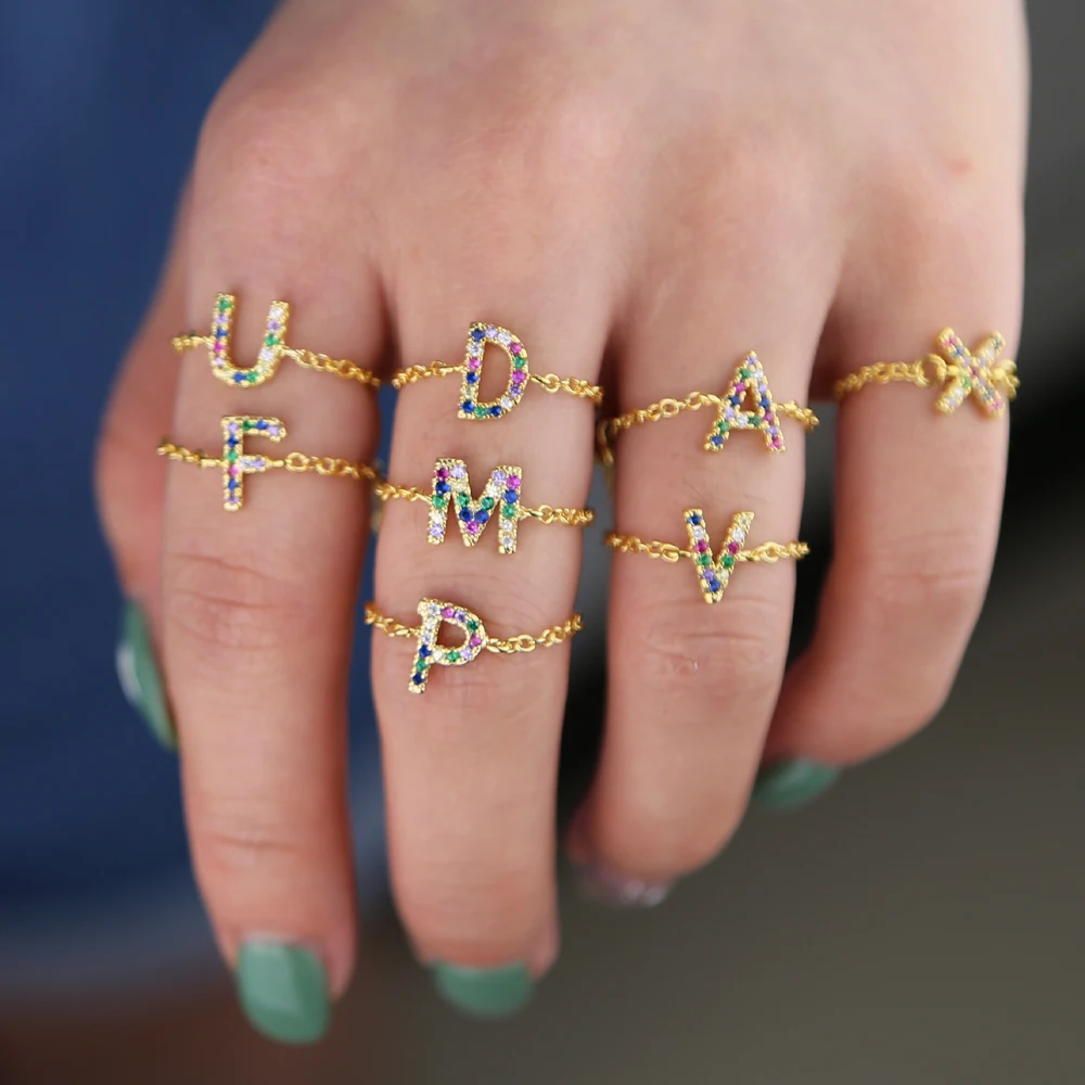 

Tiny chain Personalized chain Alphabet Rings A-Z Initial Name Ring Charm Jewelry New adjust ring for girl women rainbow Jewelry