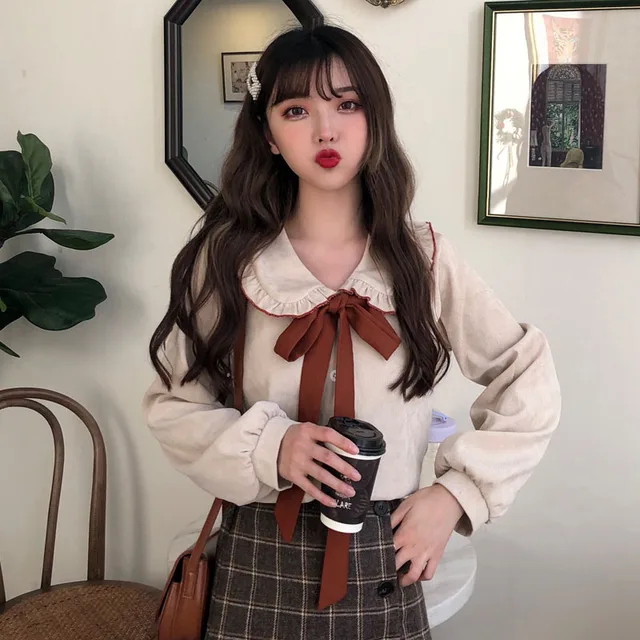 US $14.09 Bow Flannel Women Kawaii Shirt Ruffles Collar Long Sleeve Soft Warm Slim Shirts Blouses For Female 
