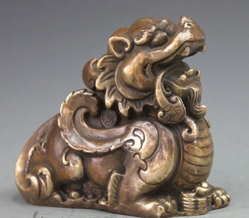 

B0601 China Folk Feng Shui Bronze Foo Dog Lion Pi Xiu Attract Wealth Beast Statu statue