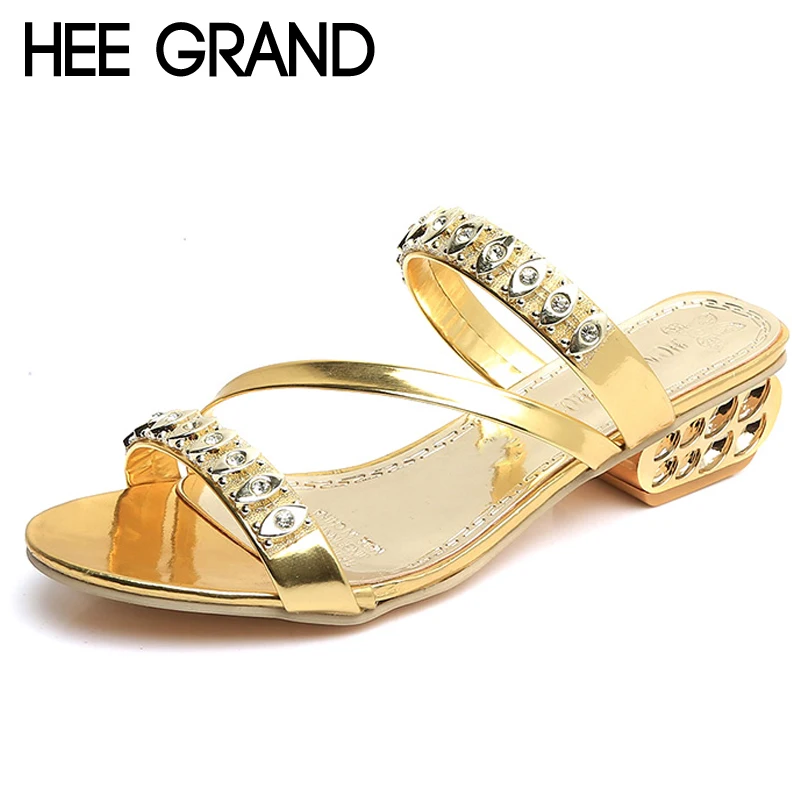 

HEE GRAND 2018 Crystal Fretwork Heels Casual Gold Sliver Gladiator Slides Beach Slip On Platform Shoes Woman Slippers XWT1051