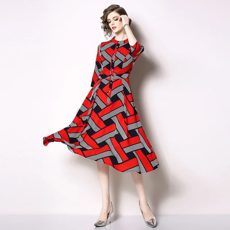 

Office Lady Vintage Elegant Party Women Dresses Casual Geometry Striped Pattern Red Print 2019 Summer Female Calf-Length Dress