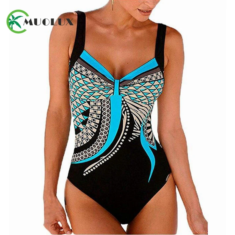 Kaufen 2020 schwarz Vintage Print Floral Plus größe Badeanzug Tankini Ein stück Bademode Frauen Bandeau Weibliche Badeanzug Gepolsterte monokini