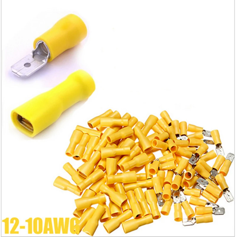 

Lowest Price 100PCS Yellow Splice Wire Connectors Insulated Male Female Crimp Spade Terminals 12-10AWG