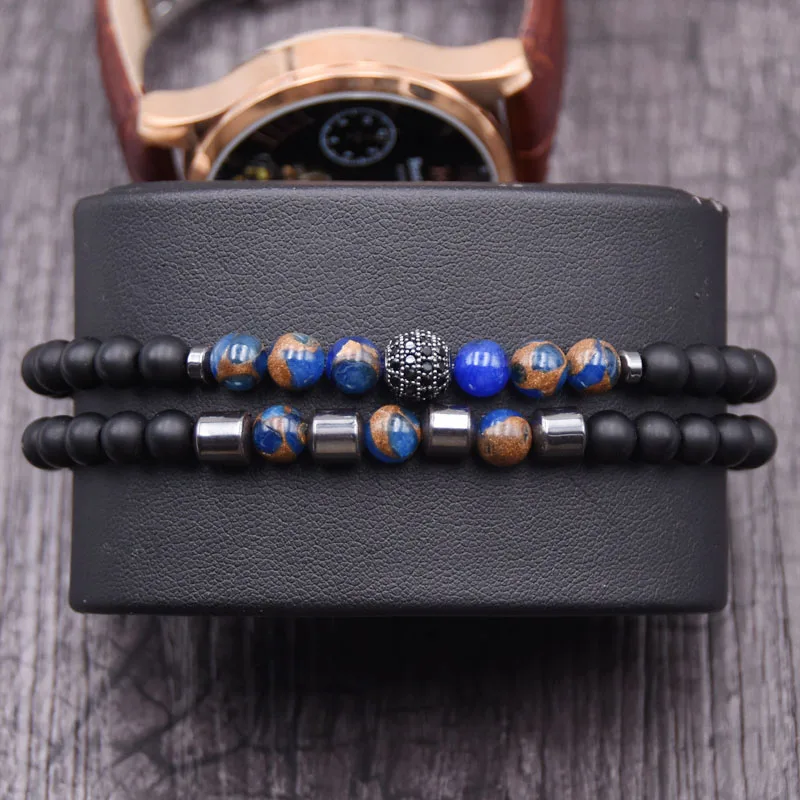 

KANGKANG 2PCS/set 2019 popular 6mm Matte Black bead Bracelets For Men&Women Micro pave CZ Metal ball distance Bracelet Jewelry