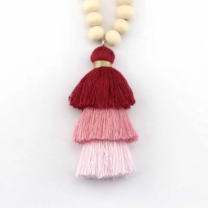 15 цветов на выбор! сандалии, деревянные бусы, длинная цепочка, 3 слоя, хлопок, ожерелья с подвесками-Кисточками для женщин, подарок, идеальный наряд - Окраска металла: Red